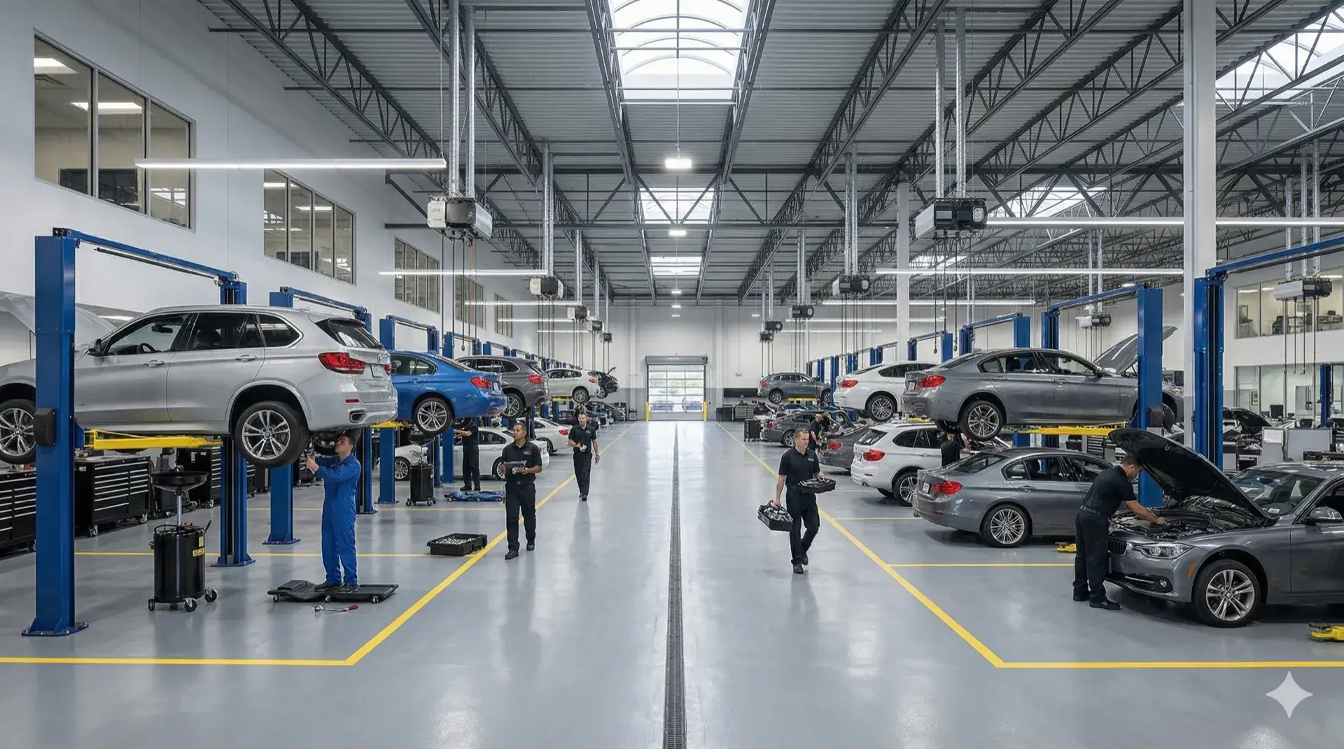 Automotive service center bay with technicians working on vehicles